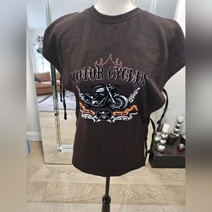 On Fire Motorcycle Graphic Sweatshirt Side Tie Open Sides Biker Top Womens L Y2K